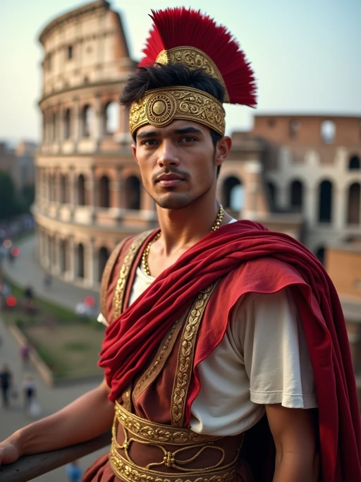 if(gender=f){stunning and historical} if(gender=m){grand and historical} model in Rome wearing a traditional Roman stola/toga, Colosseum in the background