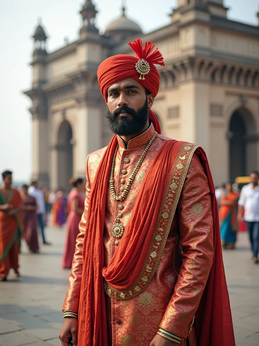 if(gender=f){glamorous and traditional} if(gender=m){classic and traditional} model in Mumbai wearing a vibrant Saree Sherwani, Gateway of India in the background
