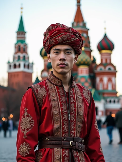 if(gender=f){lovely and cultural} if(gender=m){authentic and cultural} model in Moscow wearing a traditional sarafan/kosovorotka, Saint Basil's Cathedral in the background