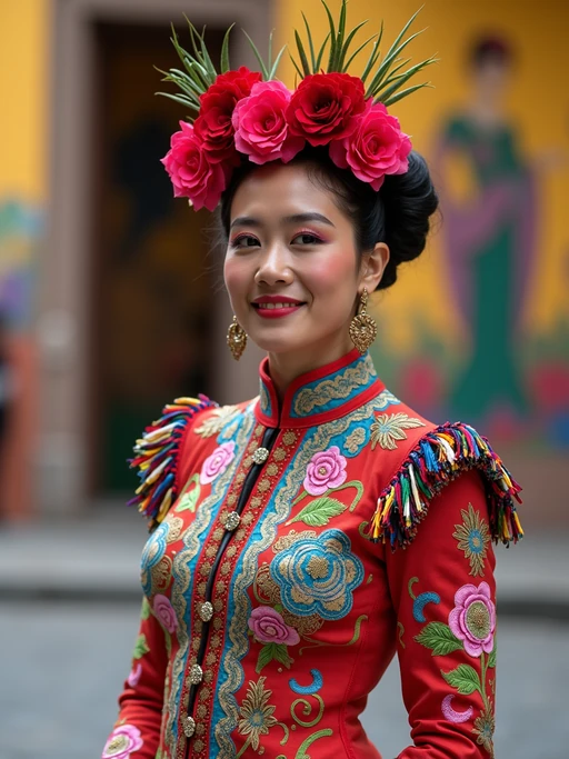 if(gender=f){colorful and cultural} if(gender=m){bold and cultural} model in Mexico City wearing a traditional charro suit/china poblana, Frida Kahlo Museum in the background