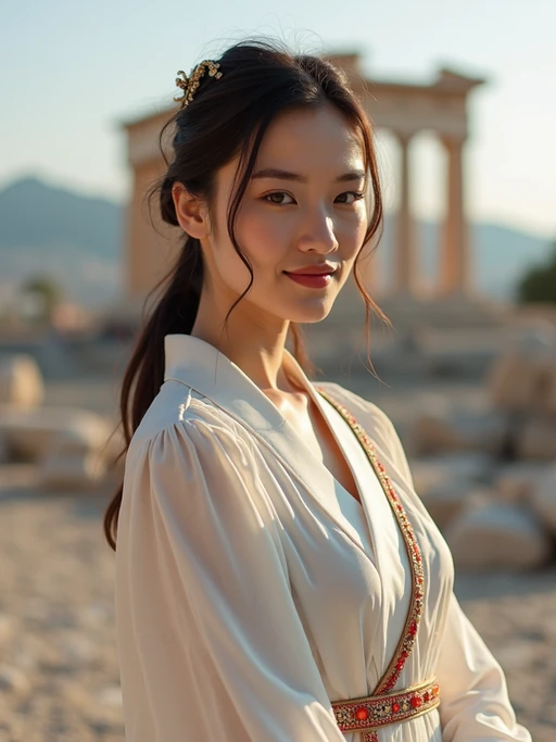 if(gender=f){graceful and striking} if(gender=m){impressive and traditional} model in Athens wearing a traditional Evzone uniform/Amalia dress, Parthenon in the background