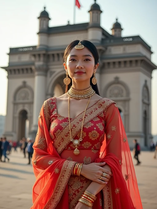 if(gender=f){glamorous and traditional} if(gender=m){classic and traditional} model in Mumbai wearing a vibrant Saree Sherwani, Gateway of India in the background