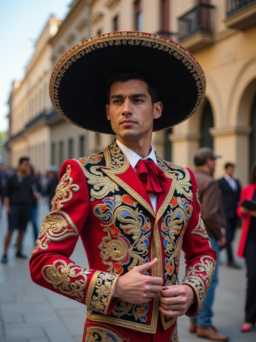 if(gender=f){colorful and cultural} if(gender=m){bold and cultural} model in Mexico City wearing a traditional charro suit/china poblana, Frida Kahlo Museum in the background