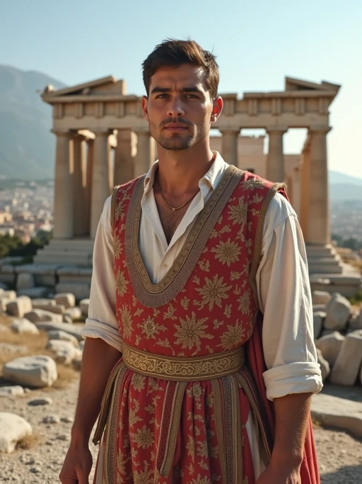 if(gender=f){graceful and striking} if(gender=m){impressive and traditional} model in Athens wearing a traditional Evzone uniform/Amalia dress, Parthenon in the background
