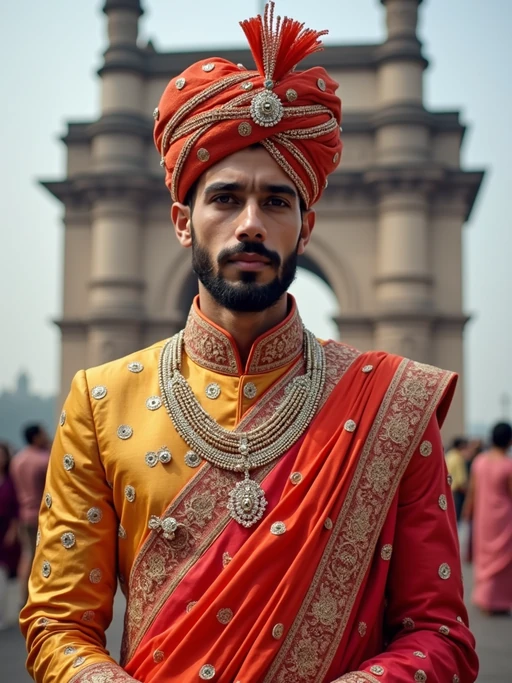 if(gender=f){glamorous and traditional} if(gender=m){classic and traditional} model in Mumbai wearing a vibrant Saree Sherwani, Gateway of India in the background