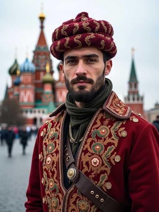 if(gender=f){lovely and cultural} if(gender=m){authentic and cultural} model in Moscow wearing a traditional sarafan/kosovorotka, Saint Basil's Cathedral in the background