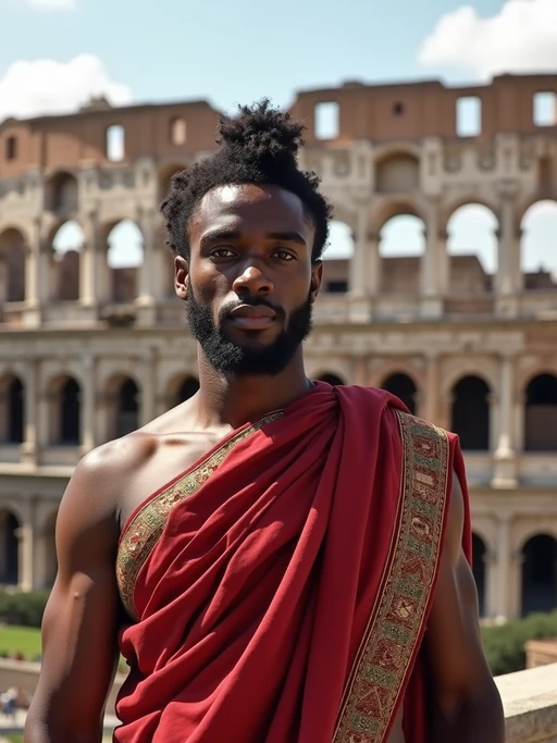 if(gender=f){stunning and historical} if(gender=m){grand and historical} model in Rome wearing a traditional Roman stola/toga, Colosseum in the background