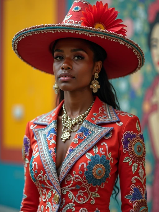 if(gender=f){colorful and cultural} if(gender=m){bold and cultural} model in Mexico City wearing a traditional charro suit/china poblana, Frida Kahlo Museum in the background