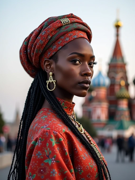 if(gender=f){lovely and cultural} if(gender=m){authentic and cultural} model in Moscow wearing a traditional sarafan/kosovorotka, Saint Basil's Cathedral in the background