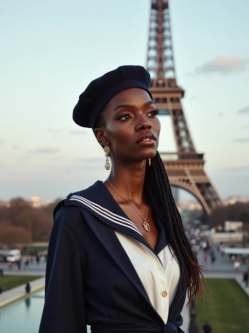 if(gender=f){stylish and sophisticated} if(gender=m){polished and traditional} model in Paris wearing a traditional Breton shirt and beret, Eiffel Tower in the background