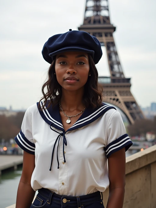 if(gender=f){stylish and sophisticated} if(gender=m){polished and traditional} model in Paris wearing a traditional Breton shirt and beret, Eiffel Tower in the background