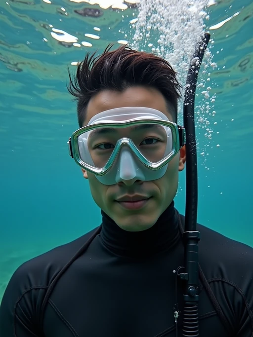 model as a scuba diver wearing diving goggles and wearing a wetsuit