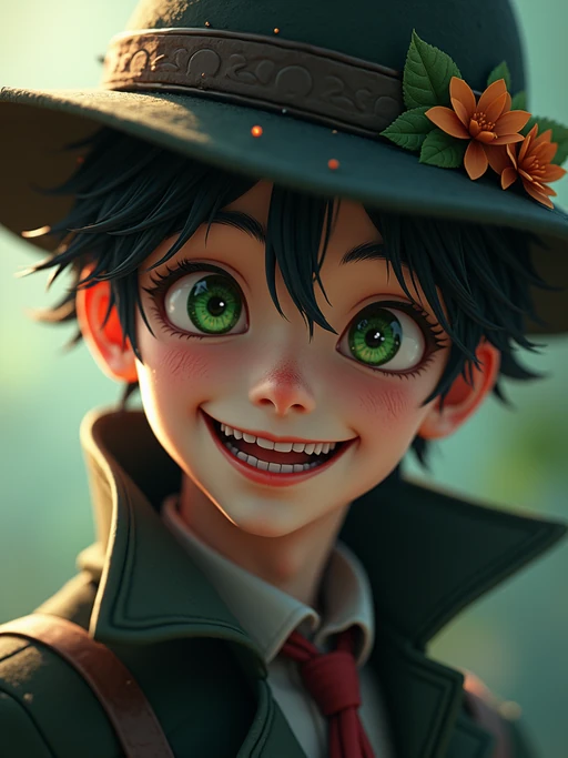 model as the personification of the Halloween holiday in the form of model with a villain's smile, (cute)cute hats, cute cheeks, unreal engine, highly detailed, artgerm digital illustration, woo tooth, studio ghibli, deviantart, sharp focus, artstation, by Alexei Vinogradov bakery, sweets, emerald eyes