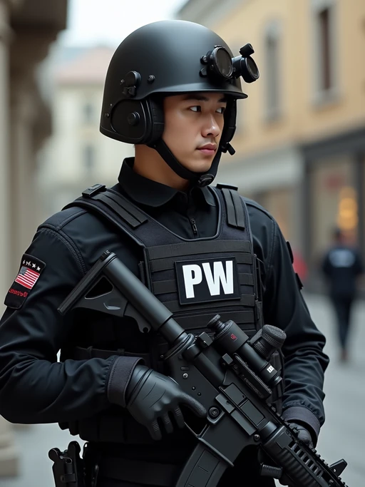 model as a SWAT Officer. wearing black swat vest, swat helmet, holding pdw