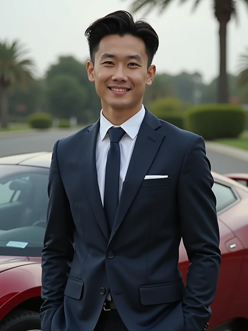 model if(gender=m){wearing suit} if(gender=f){wearing mini skirt} posing in front of a sports car