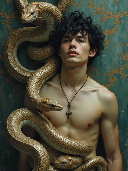 model with coiled serpents beautiful detailed romantic art nouveau if(gender=m){of a man} if(gender=f){} by alphonse mucha, kay nielsen, yoshitaka amano, and gustav klimt, hauntingly beautiful refined moody dreamscape