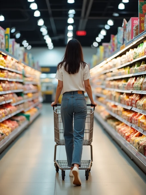 model in Supermarket walking with Shopping Cart in the Supermarket Aisle. Background of Supermarket