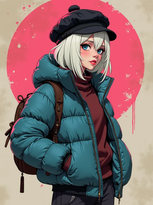 full body of a street punk model student, blue eyes, bubble jacket, hat, white hair by atey ghailan, by greg rutkowski, by greg tocchini, by james gilleard, by joe fenton, by kaethe butcher, gradient pink, black, brown and light blue color scheme, grunge aesthetic