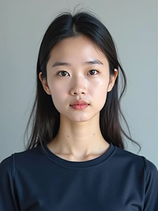 model as official passport photo for government documents. wearing a dark blue navy t-shirt. photorealistic. light gray background. entire face visible. entire head visible