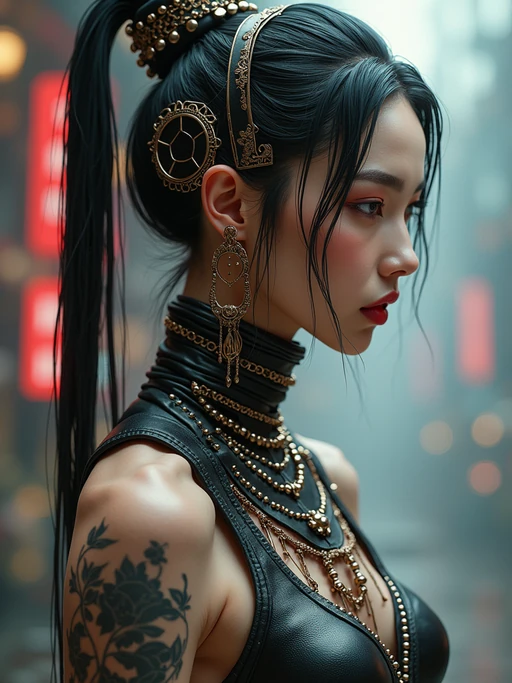 model as a soft lustrous biotech raver gutter punk gothic cyborg, golden ratio, details, scifi, fantasy, cyberpunk, intricate, decadent, digital painting, octane render, artstation, concept art, smooth, sharp focus, illustration, art by artgerm, loish, wlop