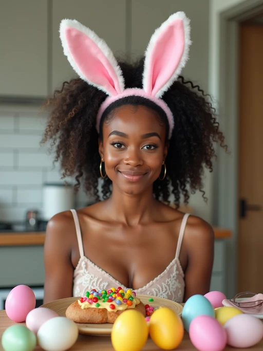 model dressed up for Easter with Easter Bunny Ears at the Easter Breakfast. Easter Eggs. Easter Bunny