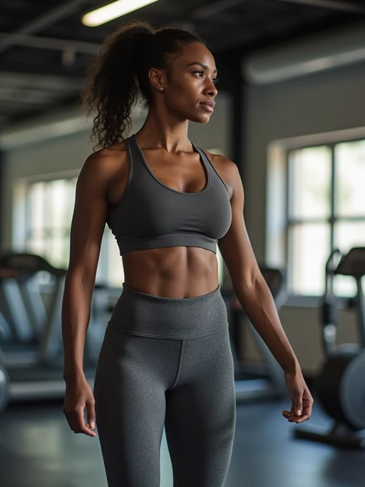 model in if(gender=m){shorts and shirtless} if(gender=f){dark gray yoga pants and sports top} in the fitness gym working out