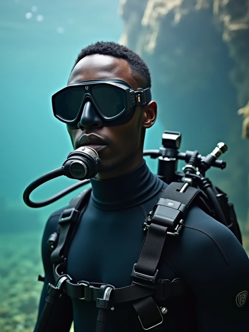 model as a scuba diver wearing diving goggles and wearing a wetsuit