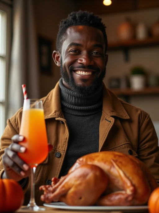 model celebrating Thanksgiving with cocktail and turkey meat in background