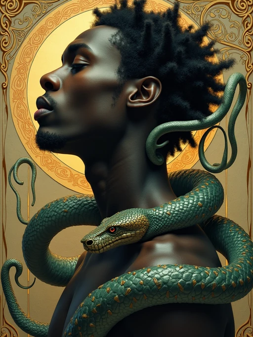 model with coiled serpents beautiful detailed romantic art nouveau if(gender=m){of a man} if(gender=f){} by alphonse mucha, kay nielsen, yoshitaka amano, and gustav klimt, hauntingly beautiful refined moody dreamscape