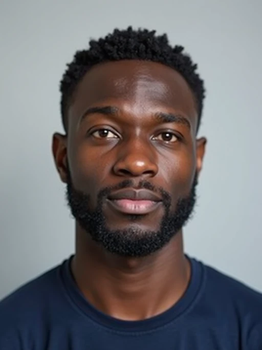 model as official passport photo for government documents. wearing a dark blue navy t-shirt. photorealistic. light gray background. entire face visible. entire head visible