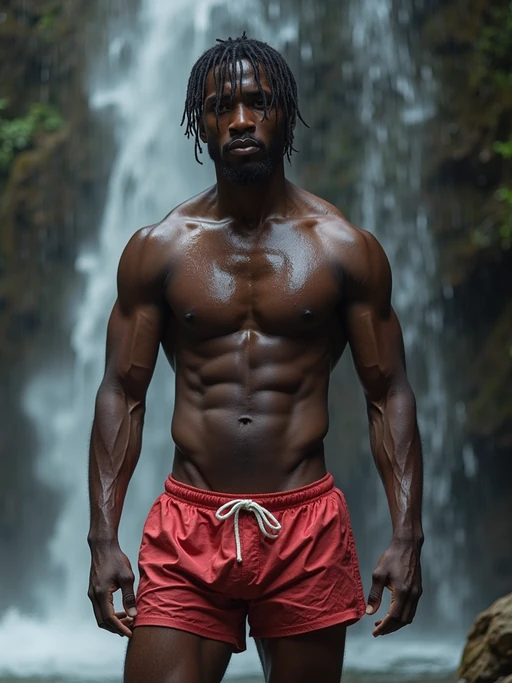 model in if(gender=m){swim shorts} if(gender=f){a bikini} under a waterfall, wet hair