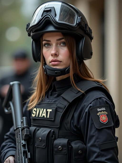 model as a SWAT Officer. wearing black swat vest, swat helmet, holding pdw