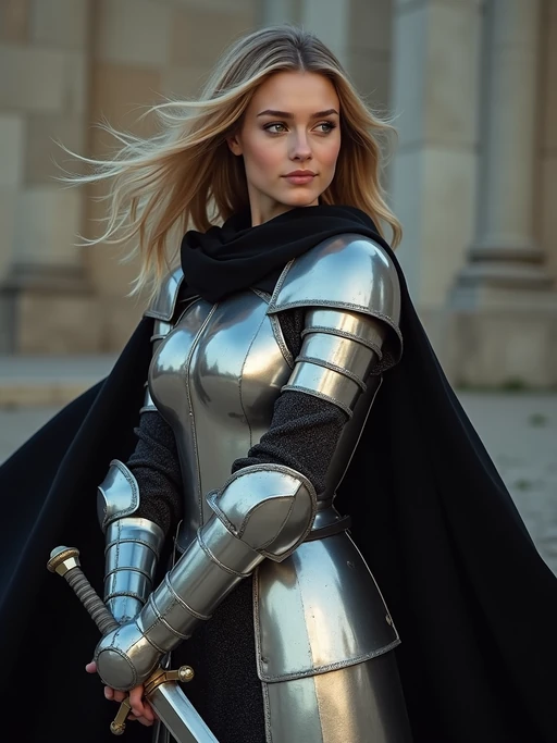 happy model as a Medieval Knight in silver armor, wearing a black elegant cape flowing in the wind, the knight holds a sword in one hand
