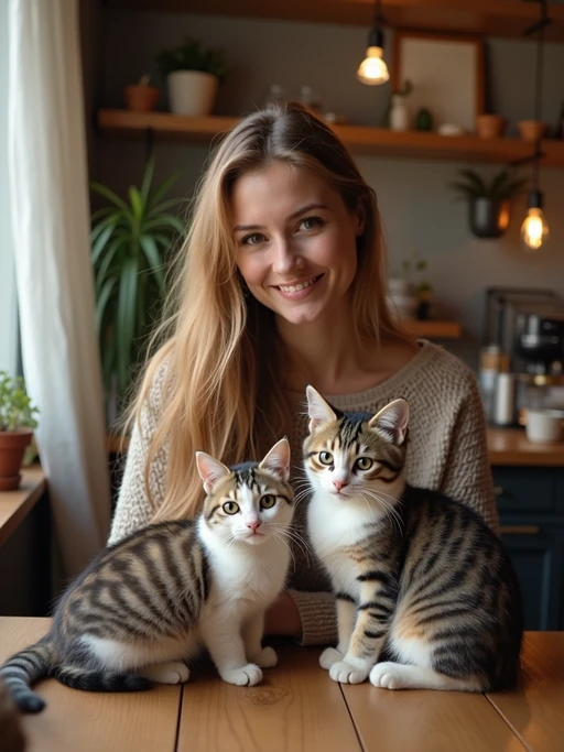 model in a Cat Cafe with many cute Cats and Kittens around them