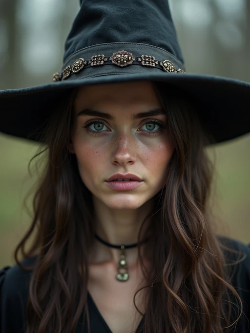 model as a Witch with a Alewife witch hat in the 14th century doing withcraft