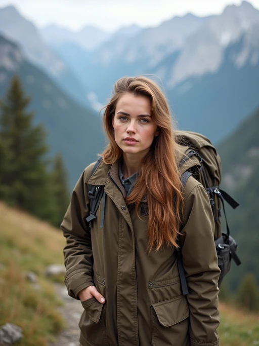 model hiking in mountains