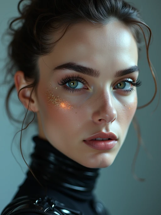 model face, gorgeous dominatrix shot, one face, futuristic fashion