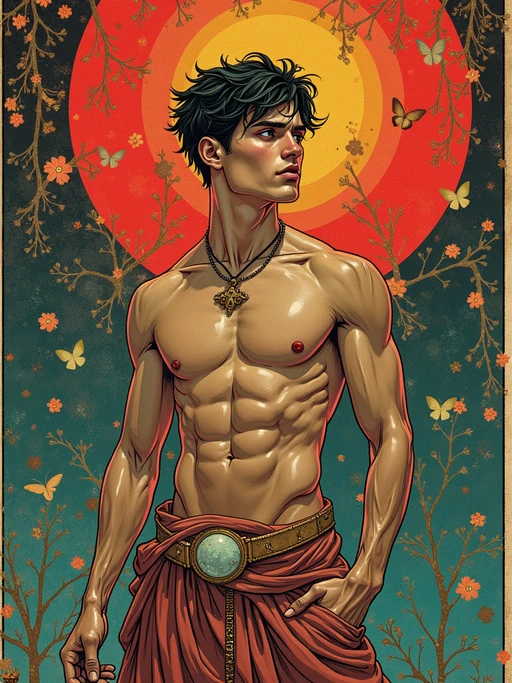illustration of model as Mythical Tarot Cardin the style of moebius and mohrbacher and rossdraws and ross tran and alphonse mucha and ayami kojima, pixar style, maya engine, splash comics style, tarot card style, art nouveau, rich bright colours