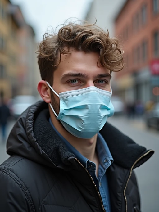 model wearing a Covid n95 mask in 2020. outside