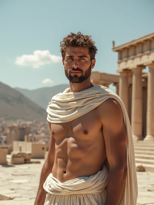 model as Ancient Greek philosopher in 500 B.C., Ancient Roman white clean new temple in background