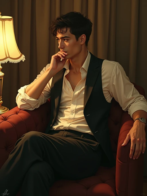 model, dimly lit upscale 1920s speakeasy, relaxed pose, fantasy, art deco, detailed painterly digital art style by coles phillips and alfred charles parker, 🍸🍋