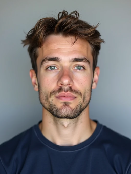 model as official passport photo for government documents. wearing a dark blue navy t-shirt. photorealistic. light gray background. entire face visible. entire head visible