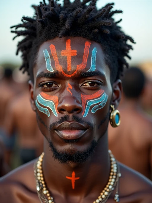 a model with if(gender=f){glittery makeup and body paint} if(gender=m){bold face and body art}, capturing the artistic and expressive side of the music festival experience