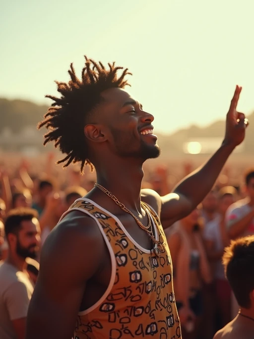 a model enjoying the live music on a sunny day, surrounded by if(gender=f){colorful festival-goers} if(gender=m){energetic fans} and raising their hands in excitement