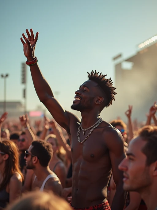 a model enjoying the live music on a sunny day, surrounded by if(gender=f){colorful festival-goers} if(gender=m){energetic fans} and raising their hands in excitement