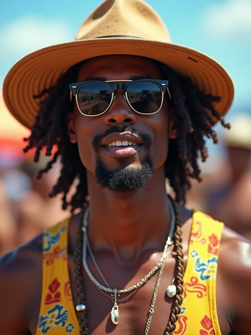 a stunning model with if(gender=f){flowing curly hair and flower accessories} if(gender=m){a stylish hat and sunglasses}, capturing the essence of festival fashion and individuality