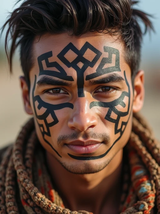 a model with if(gender=f){colorful temporary tattoos and henna art} if(gender=m){a tribal face paint design}, adding an element of tribal and cultural inspiration to their festival look