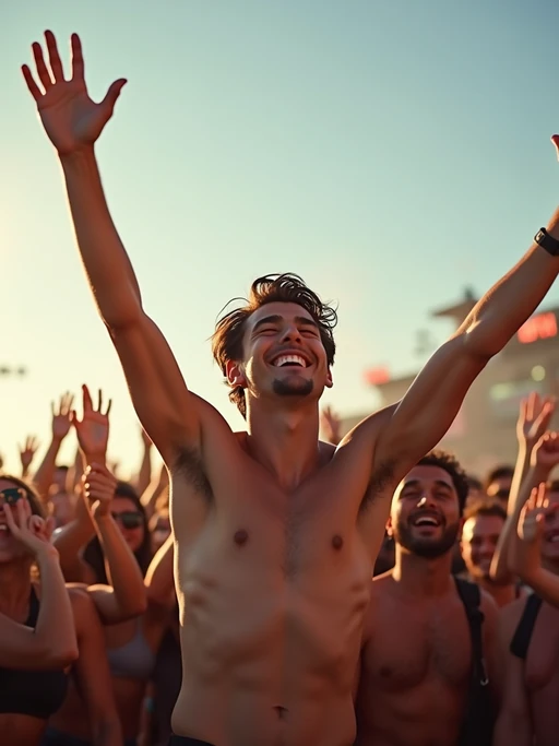 a model enjoying the live music on a sunny day, surrounded by if(gender=f){colorful festival-goers} if(gender=m){energetic fans} and raising their hands in excitement