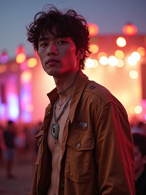 an incredibly attractive model in a festival outfit, embracing the festival vibes and posing against a backdrop of colorful stage lights and decorations