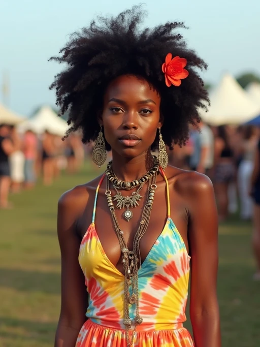 a stunning model in if(gender=f){a tie-dye jumpsuit and statement accessories} if(gender=m){a vibrant button-up shirt and funky sunglasses}, capturing their eclectic and fashionable festival look